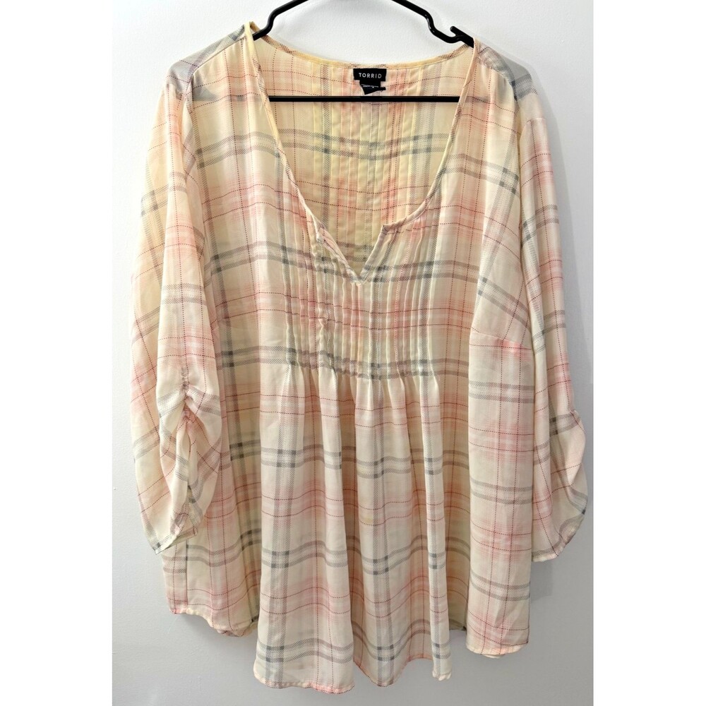 Torrid Sheer Top Blouse Plaid Women's Plus 3 3X Cabincore Neutral Scandi Soft